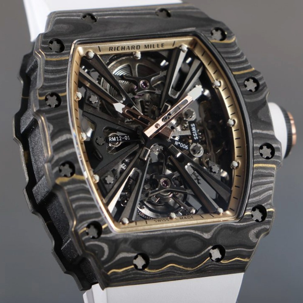 리차드밀 블랙 골드 카본 파이버 뚜르비옹 화이트 러버밴드 RM12-01 Richard Mille